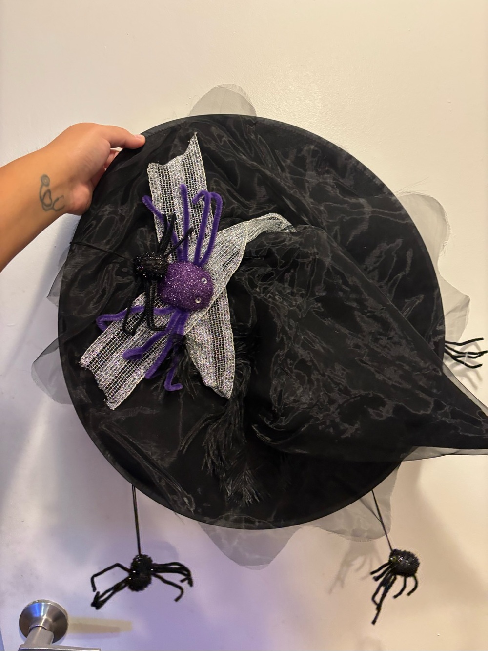 Black Witch Hat with Purple Spider Accent